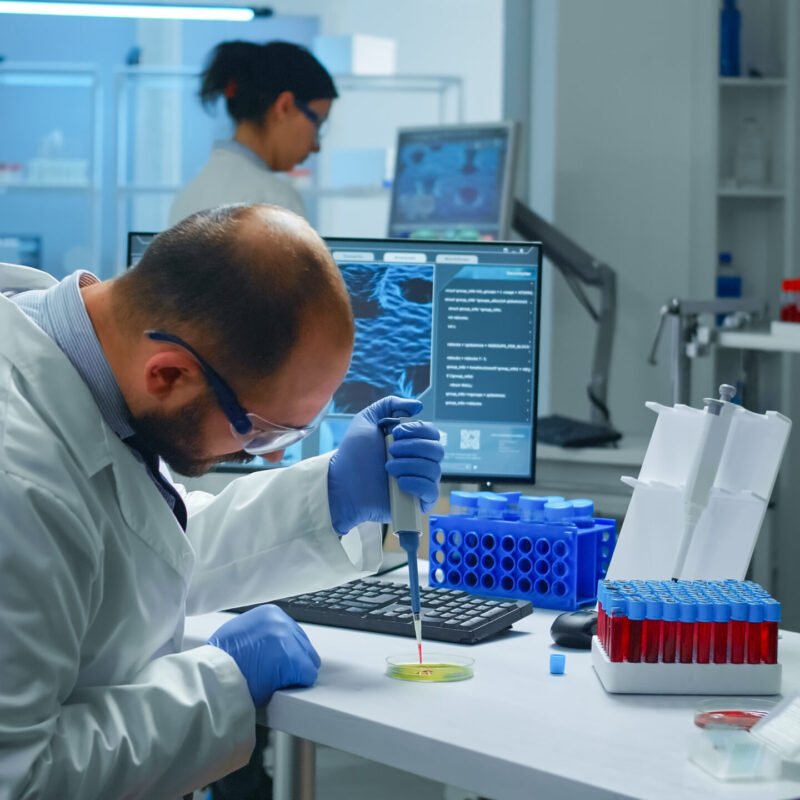 Scientist putting blood sample from test tube with micropipette in petri dish analysing chemical reaction. Lab technician examining virus evolution using high tech and tools for vaccine development